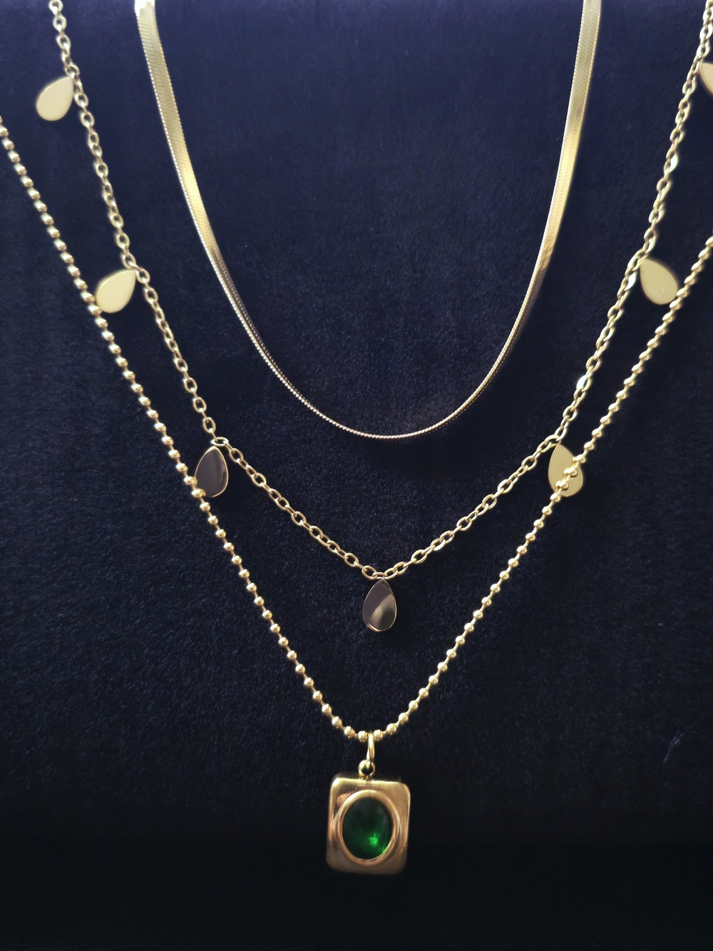 18K Gold Layered Necklace w/ Green Zircon Accent (B002) - Picture 8 of 12